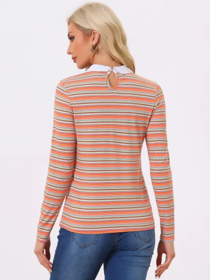 Allegra K- Contrast Collar Striped Blouse