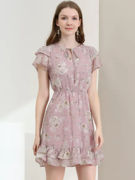 Allegra K- Ruffle Sleeve Self-Tie V Neck A-Line Floral Chiffon Dress