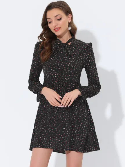 Allegra K- Ruffle Long Sleeve V Neck Bow Tie Dress