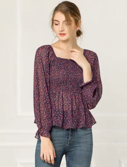 Allegra K- Floral Printed Square Neck Chiffon Peplum Blouse