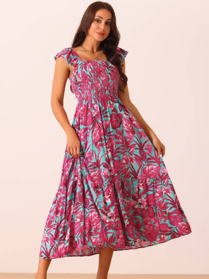 Allegra K - Summer Smocked Boho Floral Maxi Dress