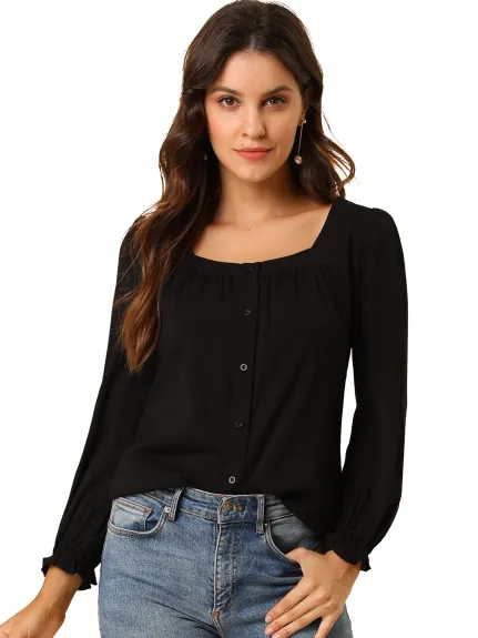 Allegra K - Tie Back Puff Sleeve Square Neck Button Blouse