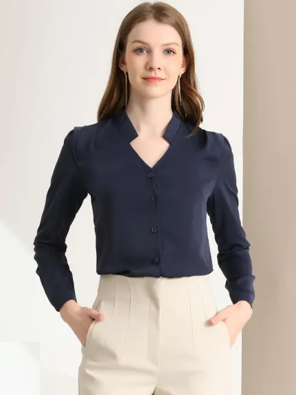 Allegra K- Chemise boutonnée élégante à col en V pour femme