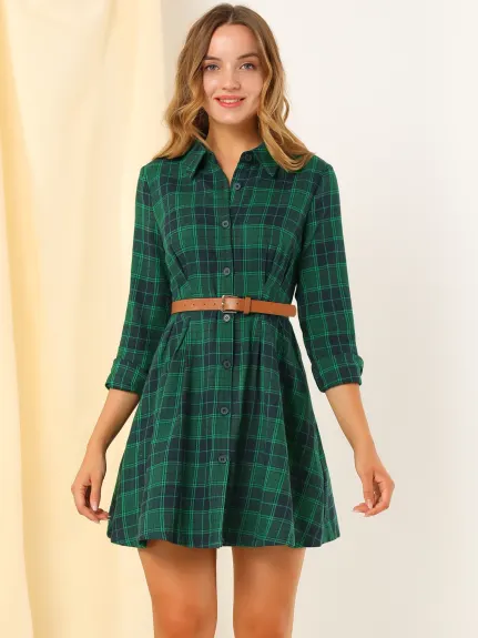 Allegra K- Plaid Long Sleeve A-Line Button Up Shirt Dress Green