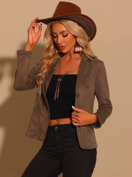 Allegra K - Faux Suede Lapel Button Down Blazer