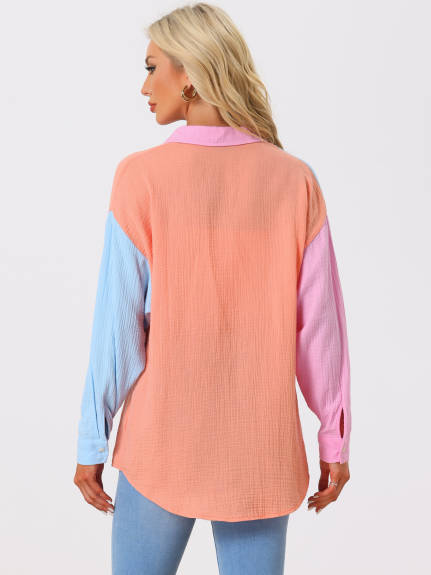 Allegra K- Color Block Button Down Shirt Blouse