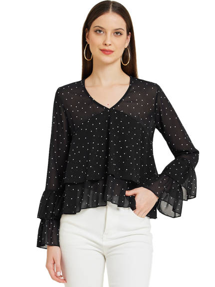 Allegra K - Blouse à manches longues à pois et à volants