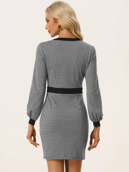 Allegra K- Houndstooth V Neck Long Sleeve Pencil Sheath Dress