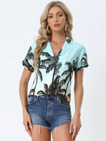 Allegra K- Beach Tropical Printed Button Down Shirt