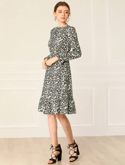 Allegra K- Printed Long Sleeves Ruffle Hem Dress