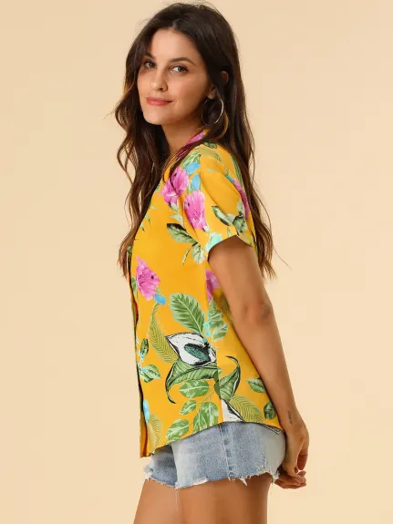 Allegra K- Beach Tropical Floral Leaves Button Down Shirt