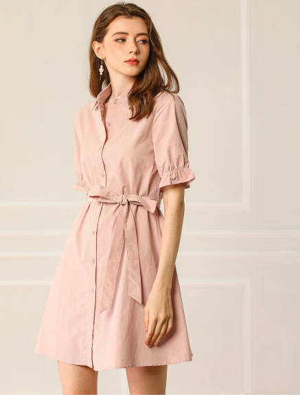 Allegra K- Ruffled Short Sleeve Belted Shirt Dress