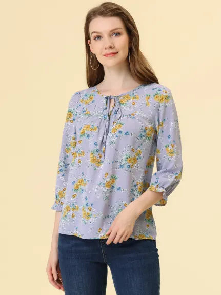 Allegra K- Tie Blouse florale à manches 3/4 et col en V