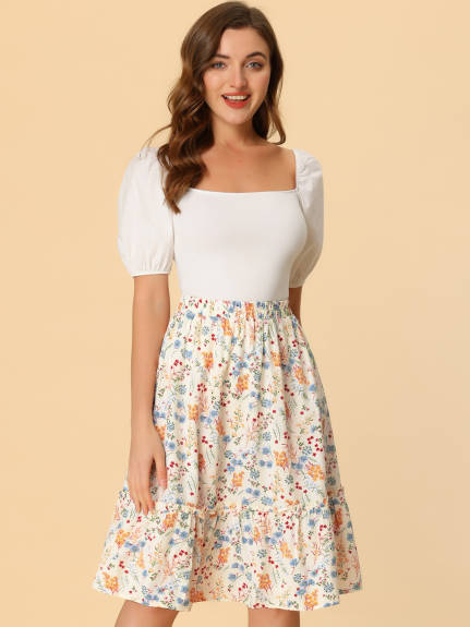 Allegra K- Ruffle Hem Tiered A-Line Floral Midi Skirt