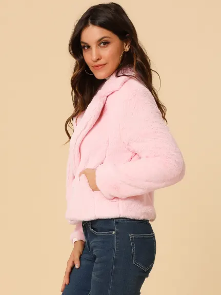 Allegra K- Notch Lapel Faux Fur Fluffy Cropped Coat