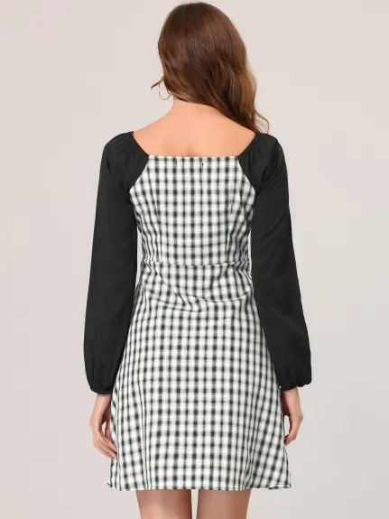 Allegra K- Long Sleeve Square Neck A-Line Plaid Dress