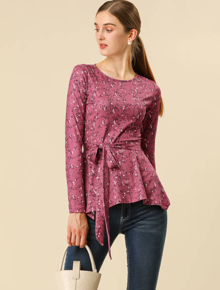 Allegra K- Floral Long Sleeve Ruffle Hem Belted Flare Peplum Top