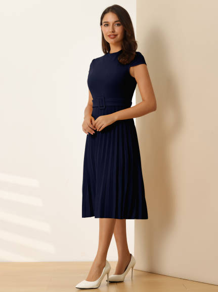 Hobemty- Mock Neck Belted A-Line Pleated Dress