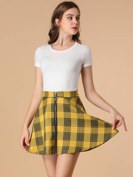 Allegra K- Plaid Zip-Up A-Line Flare Mini Skirt