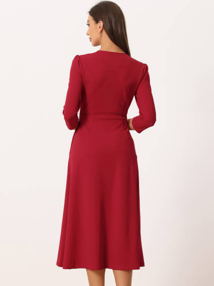 Allegra K- 3/4 Sleeve Notched V Neck A-Line Dress