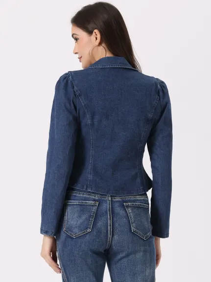 Allegra K- Notched Lapel Long Sleeve Denim Jacket