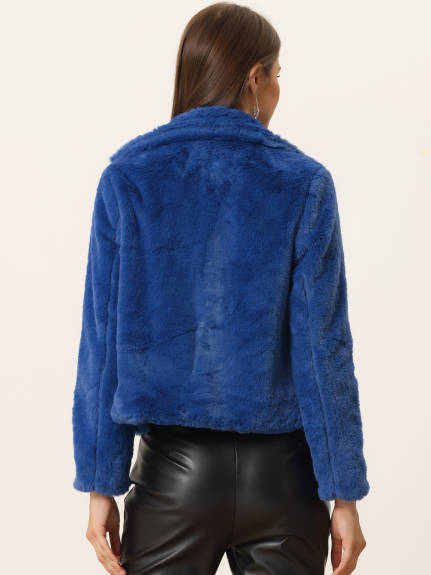 Allegra K- Notch Lapel Faux Fur Fluffy Cropped Coat