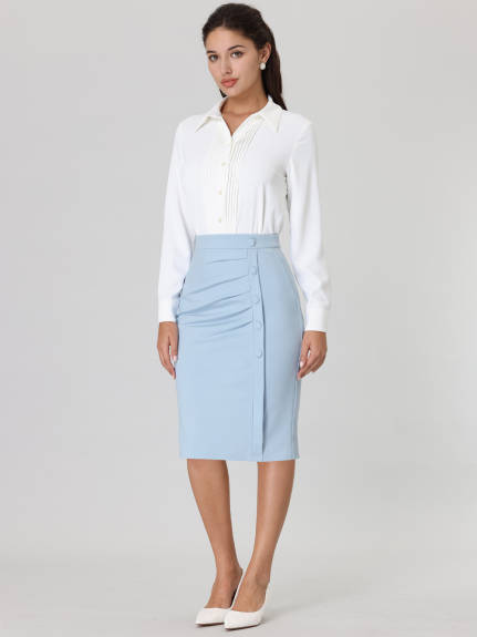 Hobemty- High Waist Pleated Front Midi Pencil Skirt