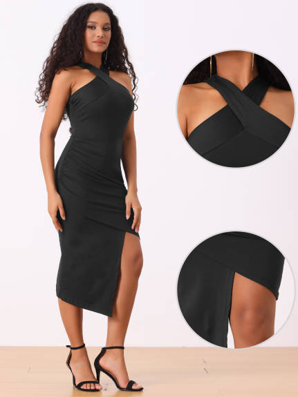 Allegra K - Halter Neck Sleeveless Ruched Asymmetrical Bodycon Dress