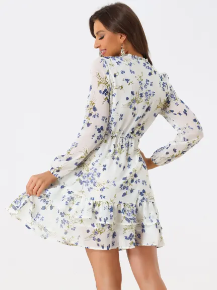 Allegra K- Floral Tie Neck Tiered Mini Chiffon Dress