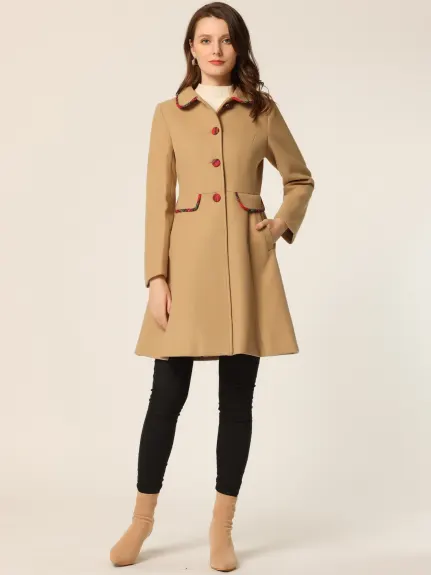 Allegra K- Peter Pan Collar Contrast Trim Single Breasted Long Coat