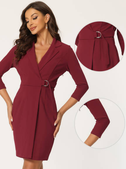 Allegra K- Sheath 3/4 Sleeve Knit Lapel Collar Belted Dress