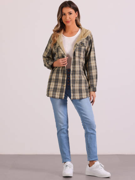 Allegra K - Plaid Fleece Hooded Shacket Jacket