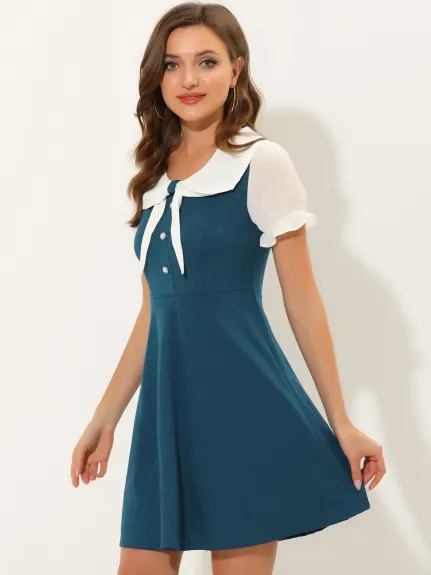 Allegra K- Contrast Color Doll Collar Short Sleeve Dress