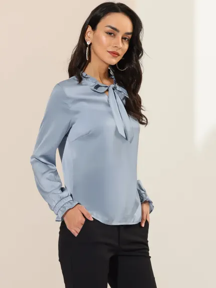 Allegra K- Satin Ruffle Tie Neck Long Sleeve Blouse