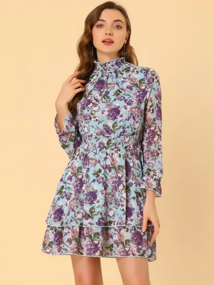 Allegra K- Floral Layered Sheer Smock Waist Mini Dress