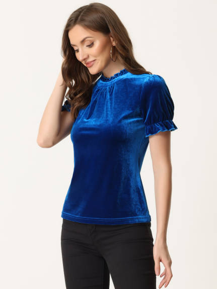 Allegra K- Ruffle Collar Short Sleeve Velvet Blouse