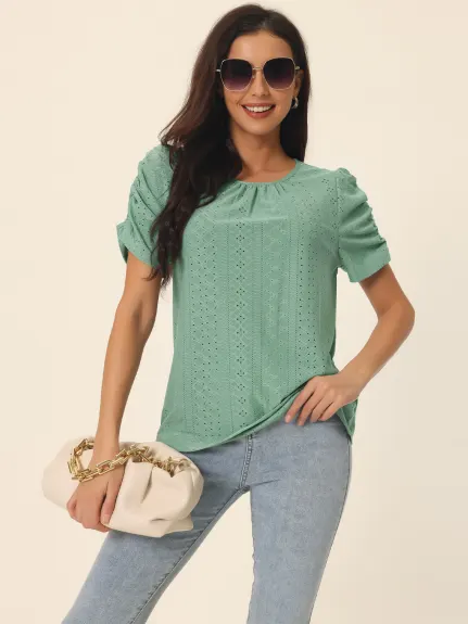 Allegra K- Eyelet Ruched Crewneck Solid Tops