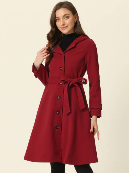 Allegra K - Winter Belted Hooded Long Peplum Coat