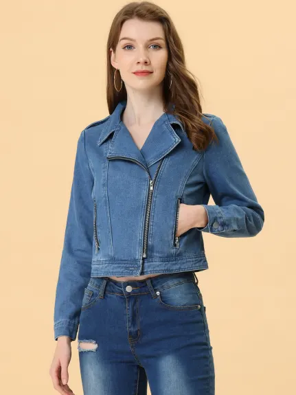 Allegra K- Notched Lapel Asymmetric Zip Moto Denim Jacket