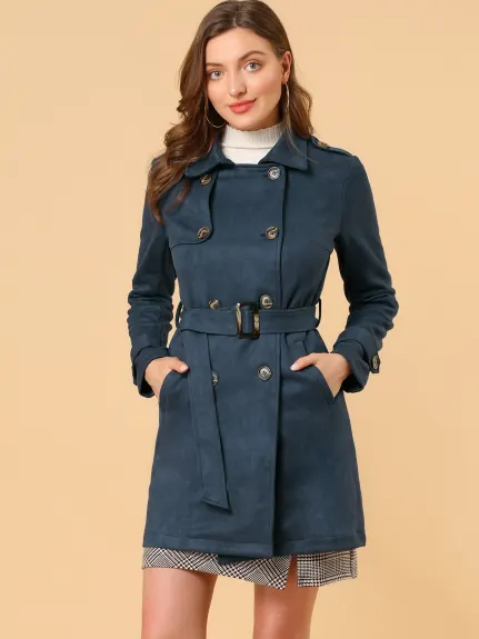 Allegra K- Trench-coat croisé en faux suède à revers cranté