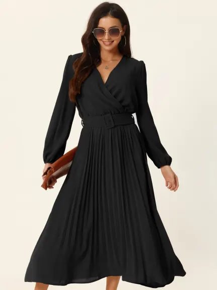 Allegra K - Robe mi-longue plissée bouffante à manches longues et col en V avec ceinture à la taille