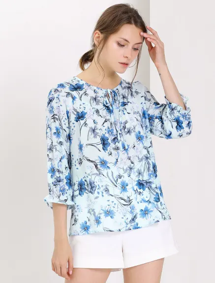 Allegra K- Tie Blouse florale à manches 3/4 et col en V