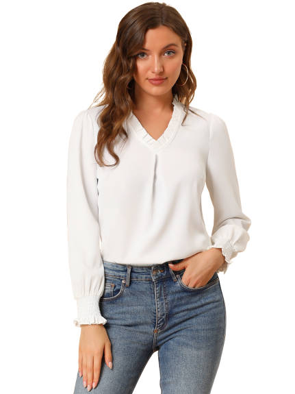 Allegra K- Ruffled V Neck Long Sleeve Blouse