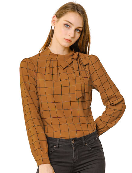 Allegra K- Bow-Tie Neck Blouse Checks Shirt