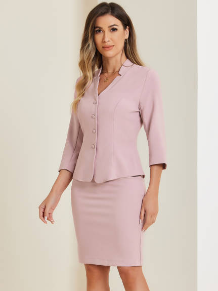 Allegra K - Notched Collar Blazer Midi Pencil Skirt Suit