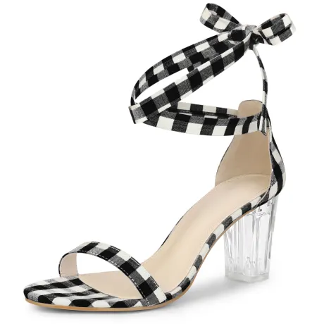 Allegra K- Plaid Lace Up Clear Chunky Heels Sandals