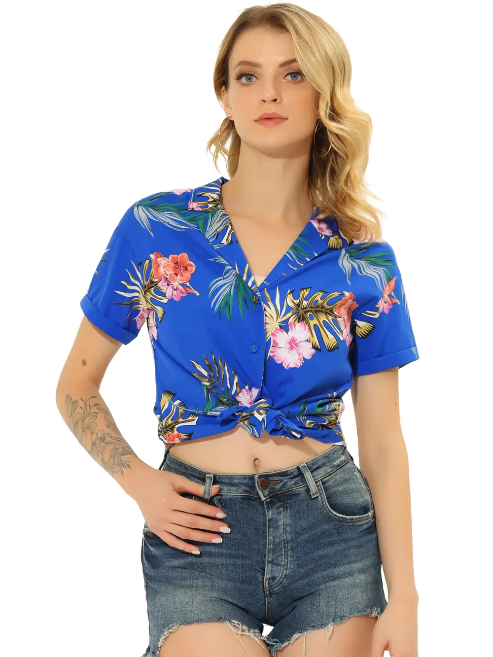 Allegra K - Chemise boutonnée à feuilles florales tropicales de plage