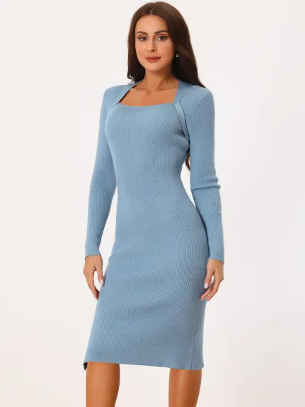 Allegra K- Square Neck Slim Fit Ribbed Knit Bodycon Midi Sweater Dress