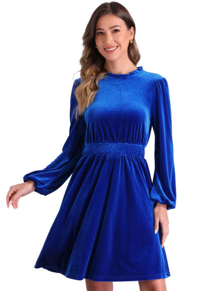 Allegra K - Velvet Smocked Waistline Long Sleeve Dress