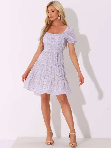 Allegra K - Summer Square Neck Tiered Floral Dress